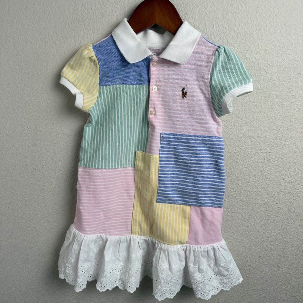 Ralph Lauren Patchwork Polo Dress 18M Regular Multi-Color Eyelet Lace Hem